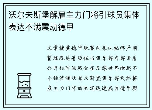 沃尔夫斯堡解雇主力门将引球员集体表达不满震动德甲